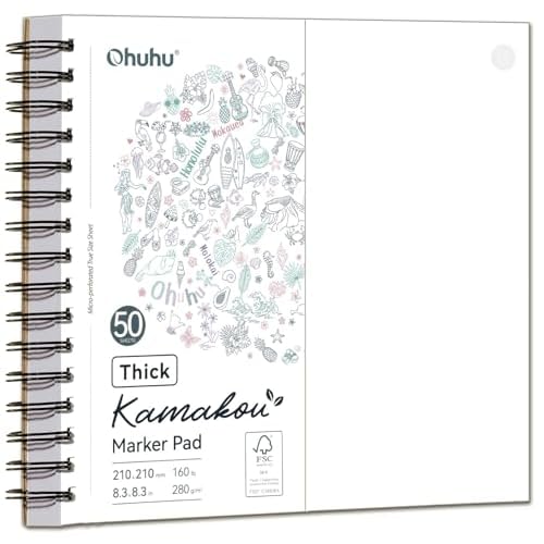 Ohuhu Double-Sided Bleedproof Marker Pad - 8.3"x8.3" Square Paper Size - 160 lb/280 gsm Heavyweight Smooth Drawing Paper - 50 Sheets/100 Pages - Spiral-Bound Sketchbook for Alcohol Markers 8