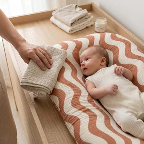 Image of guruixu Muslin Baby Lounger Cover 2 Pack, 100% Cotton Infant Replacement Cover, Soft & Breathable Replacement Slipcover, Compatible with Snuggle Me Lounger (Terracotta,Terracotta Wave)