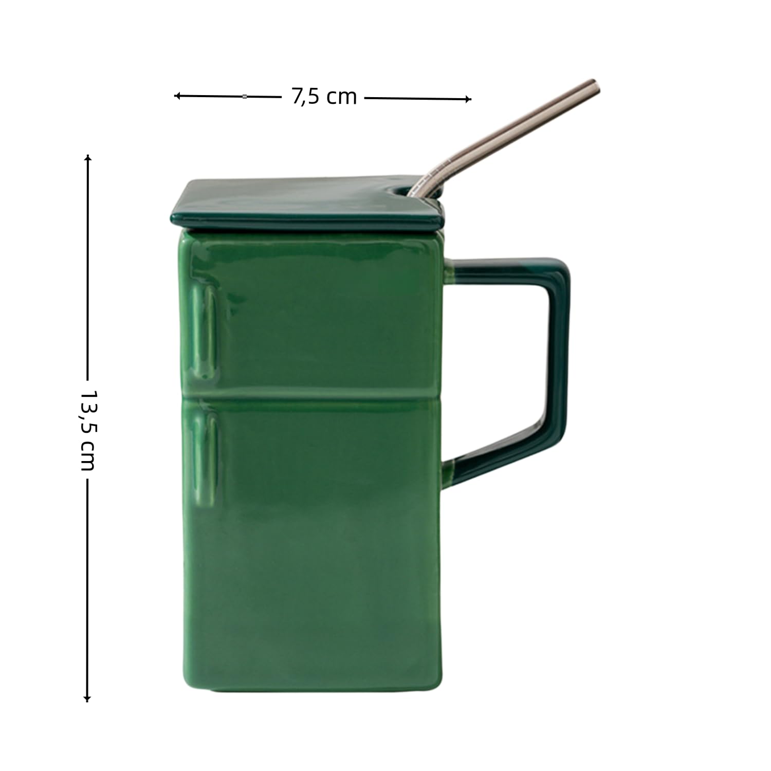 Kühlschrank Becher Keramik - Retro mit Deckel und Strohhalm (Grün + Silber)