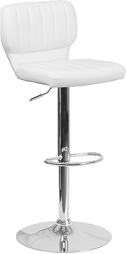 Flash Furniture Jeremy Taburete de barra de vinilo blanco contemporáneo de altura ajustable con parte trasera de puntada vertical y base cromada