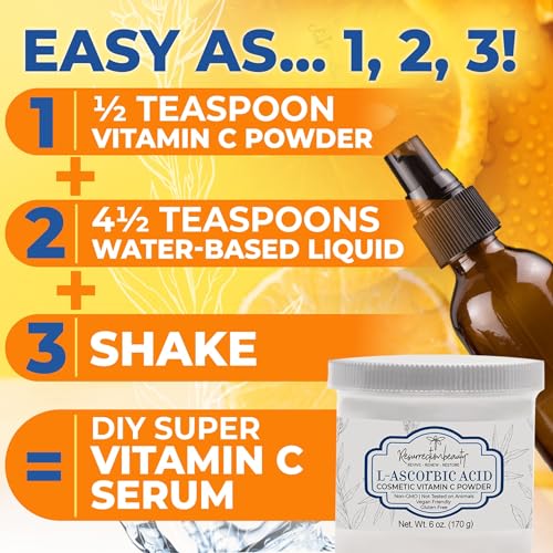 RESURRECTIONbeauty 100% Pure L-Ascorbic Acid (Cosmetic Vitamin C Powder for Face) to Make Your Own Premium Beauty Serum, Skincare Mask Treatment, Hyaluronic Serums with Vit C & DIY Facial Skin Care Products 6 OZ