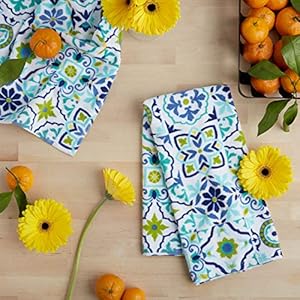 Fiesta Worn Tiles Kitchen Towels Set, Cotton, Multicolor/Blue/Yellow/Aqua, 2 Piece Fiesta Worn Tiles Kitchen Towels Set Cotton MulticolorBlueYellowAqua 2 Piece