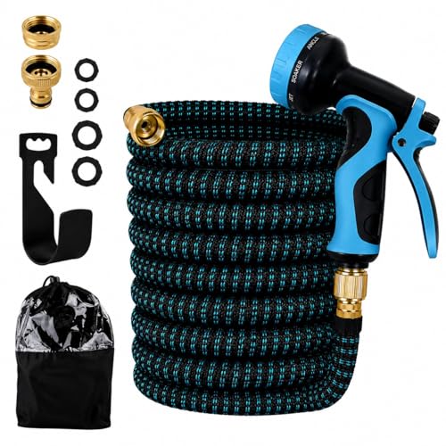 Image of Expandable Telescopic Garden Hose 75FT with 10 Spray Patterns Nozzle |Flexible Water Hose Pipe with 3 /4 Inch & 1 /2 Inch Fittings, Brass Connectors, Leak Proof & Kink Free for Car Washing |Black&Blue