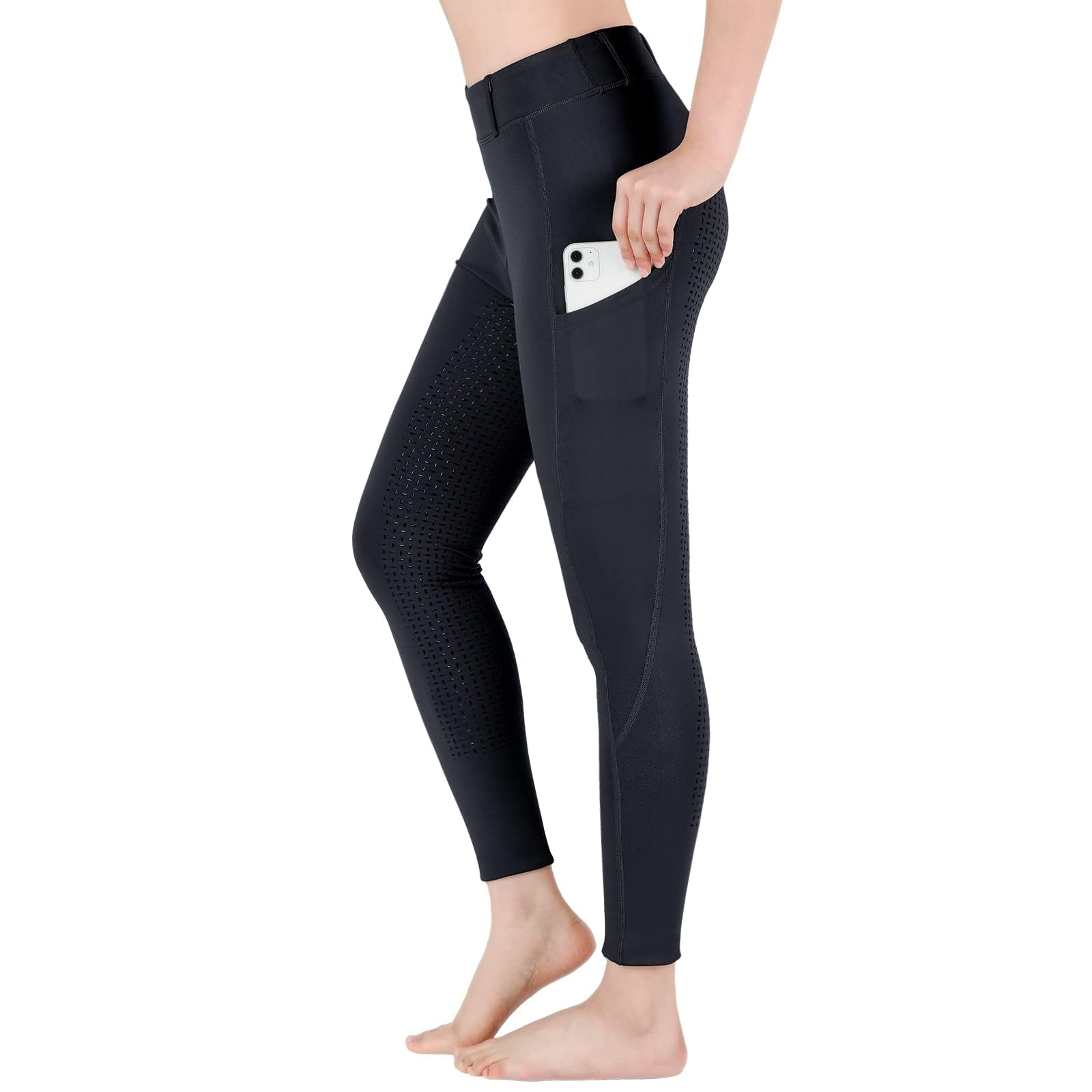 beroy Pantalon d'équitation pour enfant avec empiècement complet avec leggings d'équitation en silicone pour fille avec passants de ceinture et poche pour téléphone portable