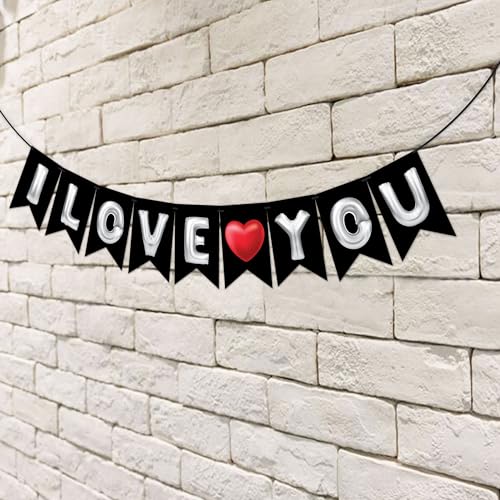 Image of Wobbox Black & White Balloon Text inchI Love You inch Bunting Banner for Anniversary, Pre-Wedding & Wedding, Love Banner for Decoration
