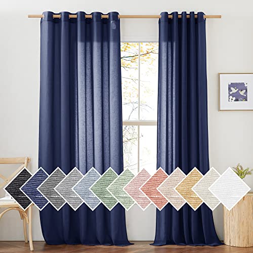 NICETOWN Linen Textured Sheer Curtains 84 inch Long for Living Room, Privacy Chic Sheer Curtains Window Treatment Translucent Drapes for Farmhouse/Cottage, W70 x L84, Dark Blue, 1 Pair