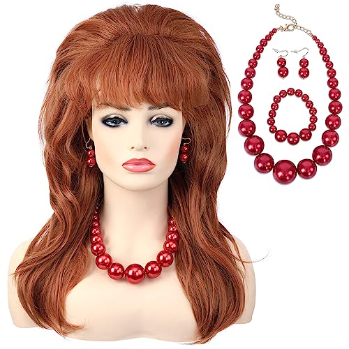 AMZCOS 80s Women Beehive Wig with Large Pearl Necklace Bracelet and Earrings Long Wavy Ginger Bouffant Synthetic Hair Wigs for Married Housewife Big Red Vintage Costume Cosplay Halloween Party