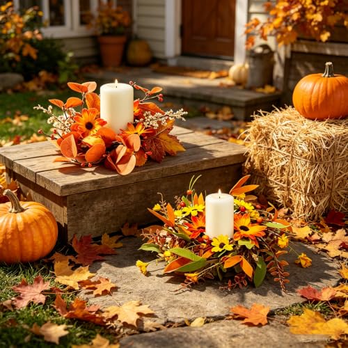 Image of 6 PCS 3 Inch Fall Floral Candle Rings Wreath Thanksgiving Candle Holder Rings Mini Artificial Autumn Wreath with Pumpkins Daisy for Table Centerpieces Farmhouse Fireplace Cabinets Wall Window Decors