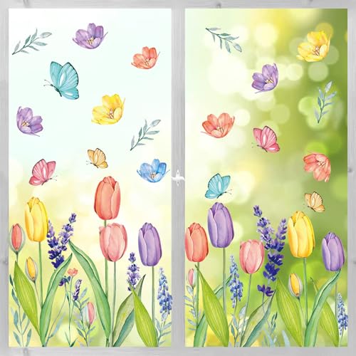 BelleVive 4 hojas de 67 pegatinas para ventana de primavera/verano, tulipanes, mariposas, flores para ventana, decoración para hogar, fiestas, escaparates, escaparates, cristal
