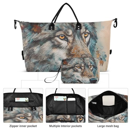 Large Travel Duffel Bag, Wolf Head Closeup Sports Tote Gym Bag, Shoulder Weekender Overnight Bag for Women Men, Carry On Luggage with Toiletry Bags2
