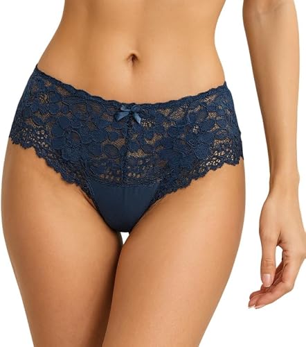Women's Floral Lace High-Waist Thong Panty Navy Blue Medium
