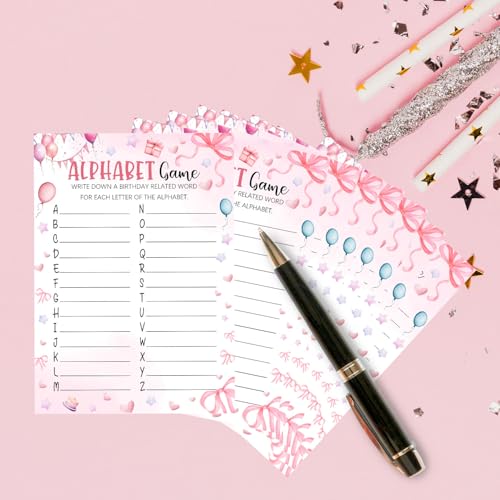 Image of Pink Slumber Party Games Card - Coquette Pink Bow Themed Sleepover Slumber Party Supplies- Sleepover Stuff- Birthday Night Games Creative Idea -Alphabet Game- 20 Game Cards