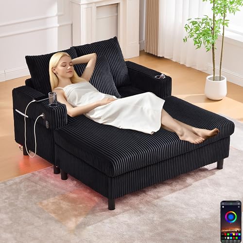 Zepneiy Canapé Convertible avec Fonction Couchage, avec USB et LED, avec Porte gobelets latéraux, Chaise Longue Multifonctionnel Moderne Noir