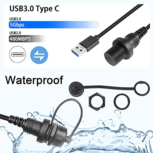 QIANRENON USB C to USB 3.0 Threaded Flush Mount Waterproof Cable Adapter 5Gbps USB 3.0 Male to USB C Female Panel Mount Extension Cable - Image 2