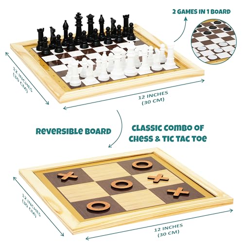 Image of Toyaffair Wooden Board Game Set - Checkers, Chess, and Tic Tac Toe -Multi Game Board for Kids and Adults, Portable Family Fun Game (3 in 1 Wooden Board Game)