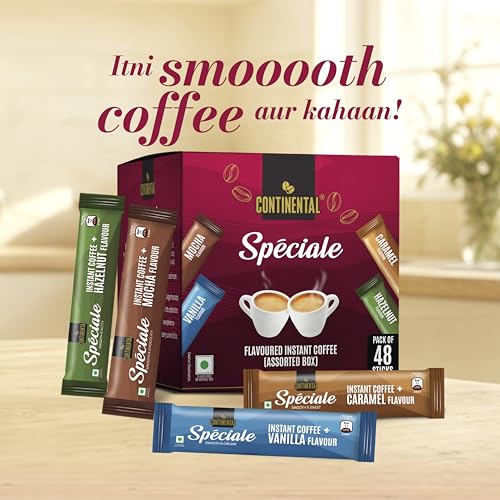 Image of Continental Speciale Assorted Coffee Sachets - 192gm | Pack of 96 | Flavour Instant Coffee Powder | 2g Each - Hazelnut, Vanilla, Mocha, Caramel | Makes 96 Cups | Enjoy Hot or Cold