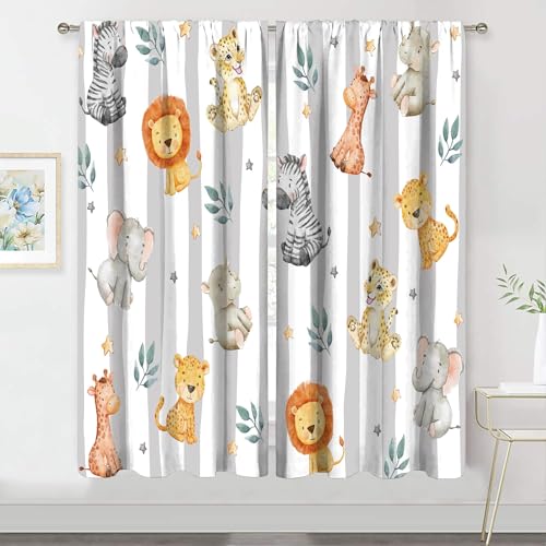 MESHELLY Kids Safari Animals Curtains 42Wx63H Inch Rod Pocket Jungle Woodland Cartoon Cute Lion Elephant Bedroom Window Drapes Baby Child Nursery Printed Living Room Window Treatment Fabric