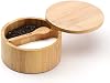 KITCHENDAO Bamboo Salt and Pepper Box - Built-in Serving Spoon to Prevent Lost - Swivel Lid with Magnet to Keep Dry, Dust-free - Fillet Design - 7 oz Capacity Each Compartment