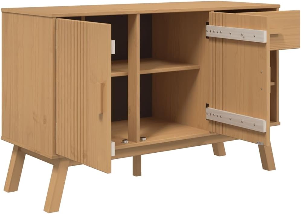 Scandinavian Solid Pine Wood Sideboard with Brown Finish, 1 Drawer and 2 Doors for Ample Storage, Rustic Rectangular Cabinet for Living Room Hallway