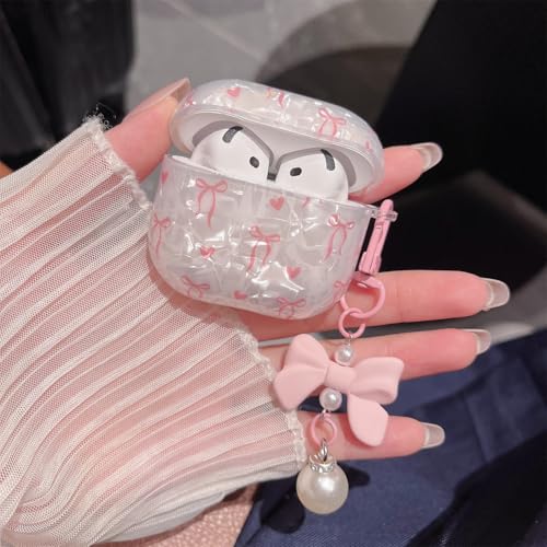 Image of MINSCOSE for Cute Glitter AirPods 4 Case,Shell Pattern Bow Ribbon Trendy Design with Bowknot Pearl Keychain,Protective Shockproof Cover for Apple Airpods iPod 4th Generation for Women Girl-Pink