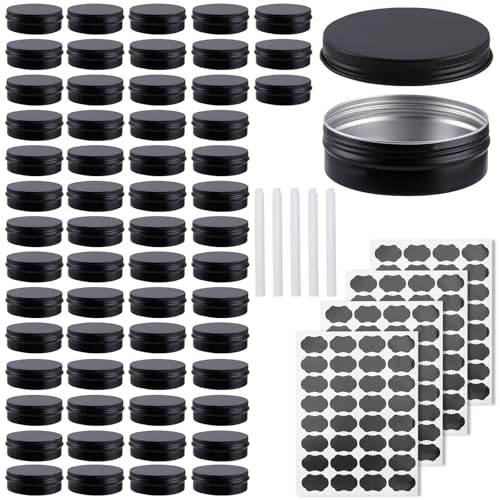 OBKJJ 60 Pack Round Cans with Screw Lid 4 Oz Aluminum Metal Tins DIY Food Candle Containers for Lotion Bars, Balms, Salve, Spices, Beard Balm, Crafts with 4 Markers 2 Sheets Label Stickers