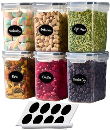 DWËLLZA KITCHEN Airtight Food Storage Container Set - 6 Pieces 1.4L - Plastic BPA Free Kitchen Pantry Storage Containers with Lids - Dishwasher Safe - Includes 8 Labels and a marker
