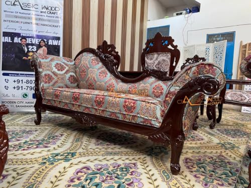 Image of CLASSIC WOOD & CRAFT Luxury Wooden Sofa Set with Center Table | Hand-Carved Solid Teak Wood Sofa Set with Upholstery | Royal Living Room Furniture for Home (Red Grey Dark Walnut 12 Seater)