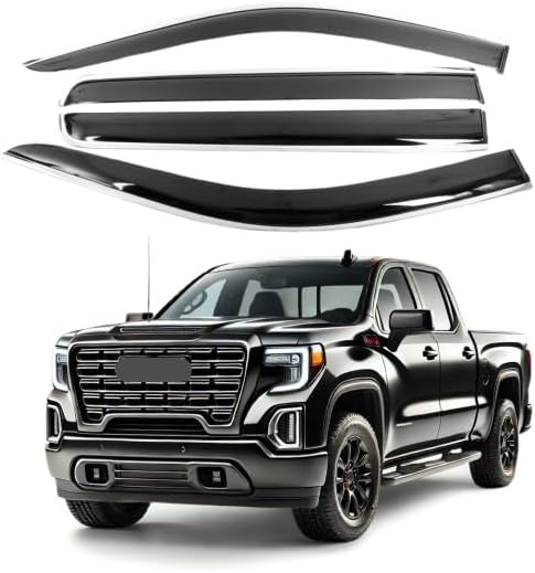 Fit for Chevrolet Silverado 1500/GMC Sierra 1500 Crew Cab 2019 2020 2021 2022 2023 2024; Advanced PC + Chrome Window Deflectors Rain Guards Side Window Visor 4-Pieces Tape-on 2.5mm Thickened………