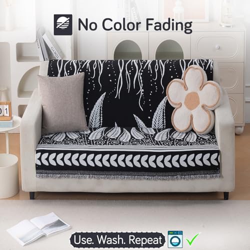 Image of HOKIPO Serene Abode Sofa Cover 2 Seater, 180x120 cm, Black Fern Tribal