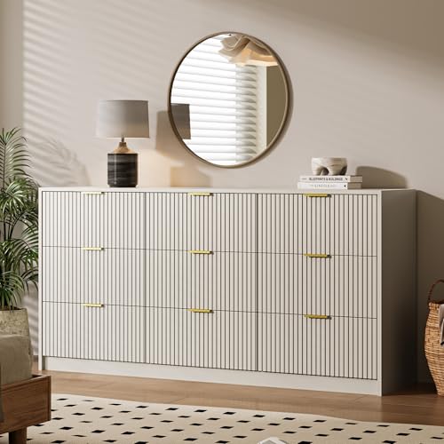 MAISONARIA Beige 9 Drawer Dresser for Bedroom, 63" Wide Modern Fluted Dresser with Gold Metal Handles, Chest of Drawers for Bedroom, Living Room, Entryway, Hallway