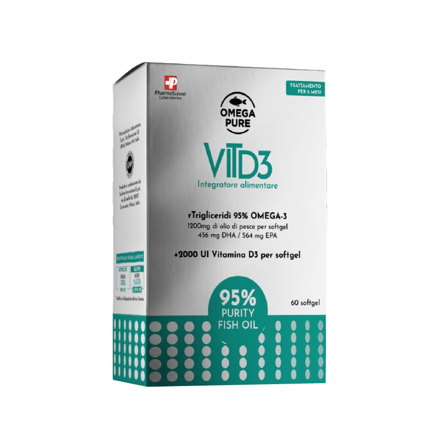 OmegaPure Vit.D3 Integratore di Omega–3, EPA e DHA e Vitamina D3. Formulato con 95% di Omega–3 in forma rTG consente un assorbimento ottimale a livello delle mucose intestinali - 60 softgel