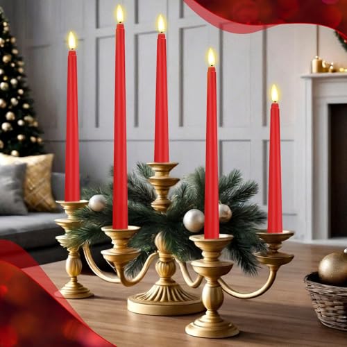 Image of Rossesay 48 Pcs Flameless LED Taper Candles Battery Operated Candles 4 Sizes of 8.5'', 9.65'', 10.83'', 12.8'' Flameless Candlesticks Flickering for Halloween Christmas Church Wedding (Red)
