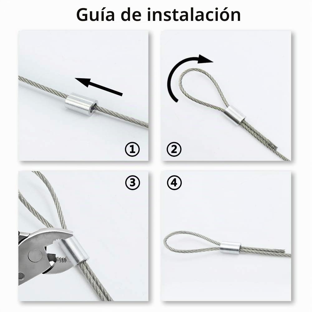 Cuerda de alambre de 1/16, cable de acero inoxidable 304, cable de avión de 30m de longitud, núcleo de 7 x 7 hilos, resistencia a la rotura de 167 kg con 100 abrazaderas de aluminio engarzado