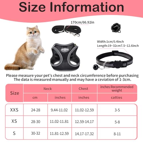 katzengeschirr mit Leine Ausbruchsicher,Verstellbares Katzen Geschirr,katzengeschirr Weichem Lnnenfutter und Atmungsaktivem Mesh mit Reflektierenden für Outdoor Training Gehen(Schwarz XXS)