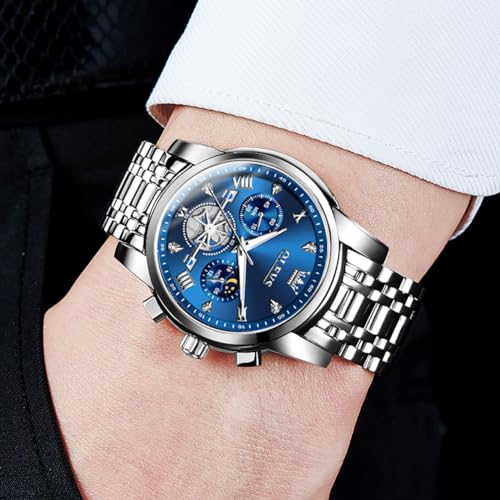 Image of OLEVS Watch for Men Stainless Steel Chronograph Big Face Easy to Read Analog Quartz Watches Luxury Waterproof Date Diamond Roman Arabic Numerals Dial Dress Wrist Watches, 2856:Silver Blue, Classic