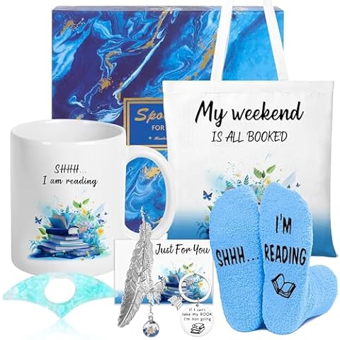 Bookish Book Lovers Gifts Readers - 7pcs Reading Accessories w/Bookmark, Cozy Socks, Book Tote Bag, Coffee Mug, Keychain and Cards, Booklovers Gift Idea for Women Bookworm Teacher Librarian Cover