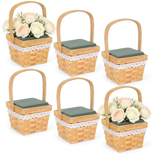 6 Set Woven Flower Basket Planter Boxes with Handles & Removable Floral Foam Flower Boxes for Arrangements Square Rattan Baskets with Waterproof Lining for Centerpiece Home Wedding Garden Decor