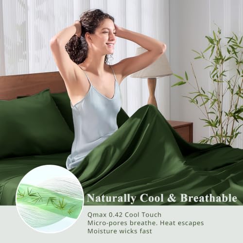 Image of Queen Size Sheet Set, Viscose Bamboo Sheets for Bed Set 4pcs, 100% Viscose Derived from Bamboo, Hotel Luxury Silky & Cooling for Hot Sleepers, Deep Pocket Up to 17 inch, Olive