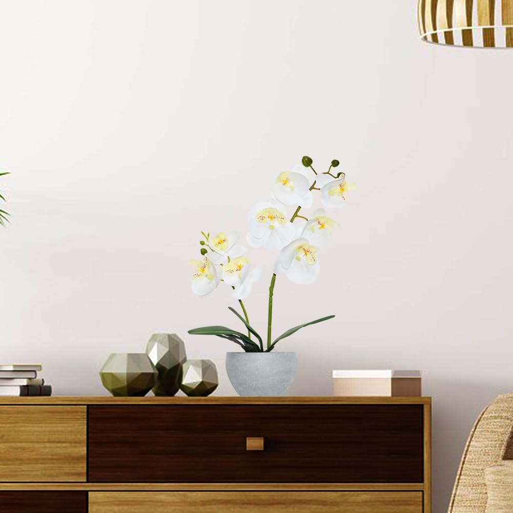 White Orchid Artificial Flowers 2 Stems in Grey Pot, Potted Faux Orchid Flower for Home Bathroom Table Living Room Office Kitchen Decor - Image 4