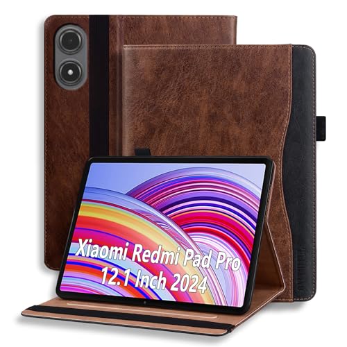 ONETHEFUL Hülle für Xiaomi Redmi Pad Pro 12.1 Zoll 2024 PU Leder Business Multi-Winkel Folio Schutzhülle Dokumentschlitze Tablet case für Xiaomi Redmi Pad Pro 12.1'' Braun