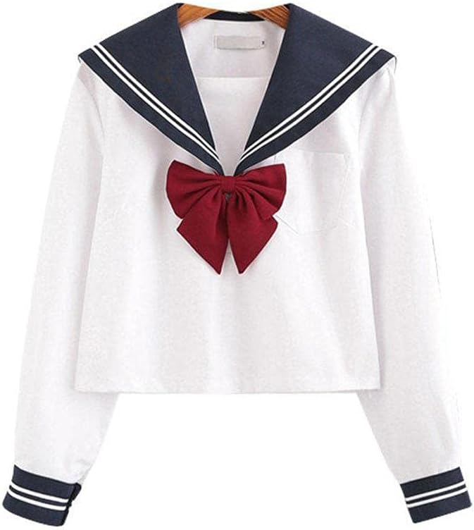 White Schoolgirl Uniform Japanese Long Sleeve Sailor Suit Sailor School Uniforms, Casual Style Normal Wear for Daily, Cute Style for Young Girls, with Pleated Skirt (#4)