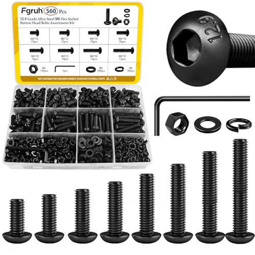 560PCS M6 Hex Socket Button Head Bolt Assortment Kit, M6-1.0x10/12/14/16/20/25/30/35 mm Button Head Cap Bolts Nuts Washers Screws Assorted Set, Grade 12.9 Alloy Steel Black Zinc Plated