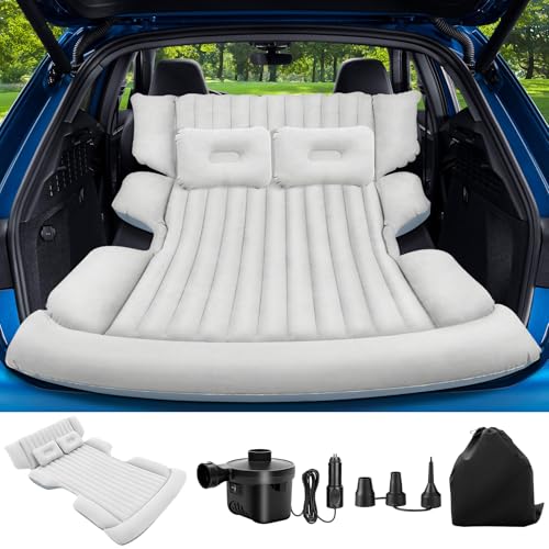 FineBud SUV Air Mattress with Air Pump,Thickened Camping Bed with 2 Pillows,Portable Car Air Mattress,Quick Easy Set-Up,Inflatable Bed for car,Durability Car Bed for SUV,Home,Travel,Camping(GreyWhite)