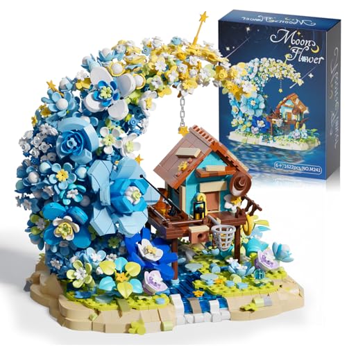 Image of SUNHABI Moon Flower Mini Bricks Building Set, Fairy Cabin and Blue Flower Bouquet, Mini Building Blocks Botanical Collection Set, Unique Home Decor, Gift for Her and Him - 1622 Pcs Mini Bricks