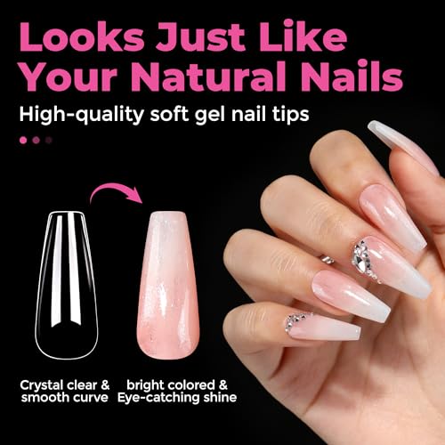 Image of UNA GELLA Long Coffin Nail Tips, 216pcs Clear Long Coffin Gel Nail Tips False Fake Press on Nails Tips Full Cover Acrylic Nails Coffin Shaped For Nail Extension DIY Salon Soft Gel Tips 12 Sizes