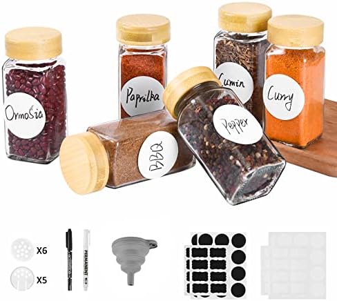 ROSNONG 6 Spice Jars with Natural Bamboo Lid Set,4oz Square Glass Jars with Labels and Shaker Lids,Spice Containers with Excellent Airtight,Seasoning Jars Bottles Set for Spice Rack Cabinet Drawer