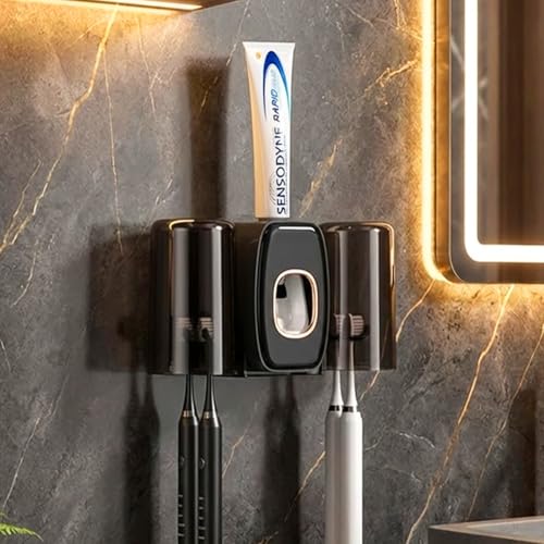 Image of COMFYHOME Tooth Brush Holder Bathroom, Automatic Toothpaste Dispenser, Self Adhesive Brush Stand for Bathroom Wall, Toothbrush Organizer with 2 Mouthwash Cups, 4 Slots Wall Mount Toothbrush Holders