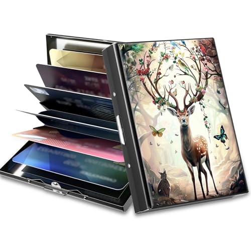 Image of Slim Credit Card Holder, Decorative Deer Butterfly RFID Blocking Metal Wallet for Men & Women, Aluminum Minimalist Hard Case Pocket-Sized Business Cards Organizer (Fits Up to 10 Cards)