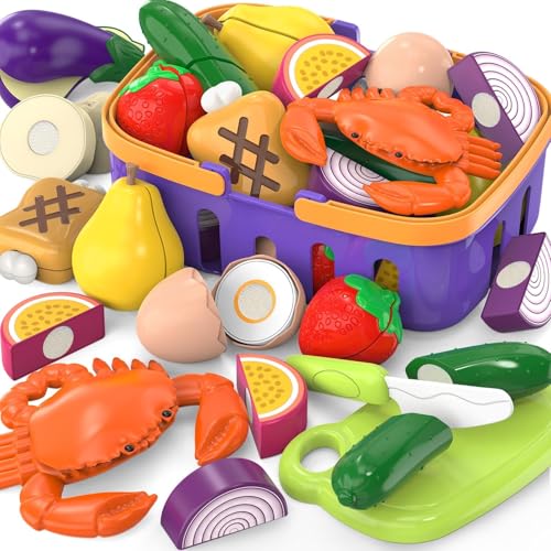 Cutting Play Food Toy with Grocery Basket Pretend Play Kitchen Accessories