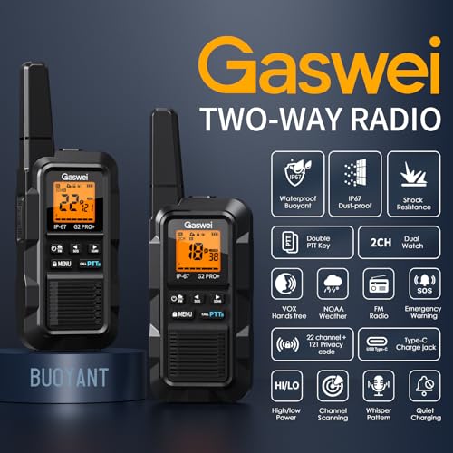 Image of Gaswei G2pro+ Heavy Duty Walkie Talkies for Adults，Rechargeable Long Range Two Way Radios 2 watts ，NOAA Weather，FM Radio，IP67 Waterproof，VOX ，Double PTT，Li-ion Battery (2 Pack - Black)